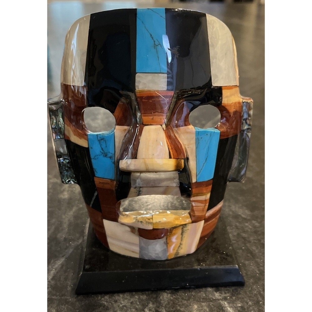 VNTG Mayan / Aztec Style Face Mask Sculpture Semi Precious Stone-Black Stand MCM